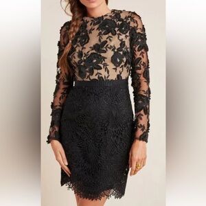 Monique Lhuillier Black Lace Long-Sleeve Floral Sheer Dress